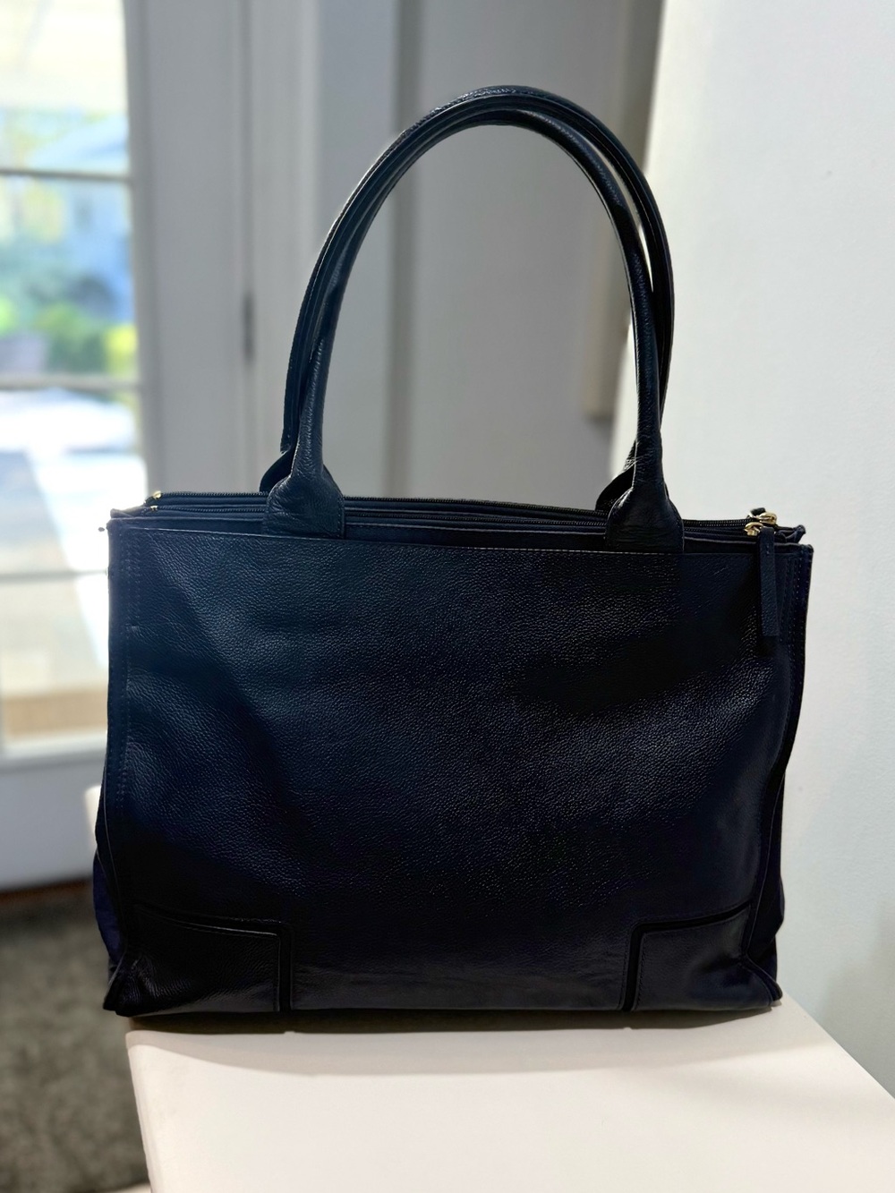 Tory Burch Ella Leather Canvas Large Tote Bag Navy Blue - Picture 7 of 16